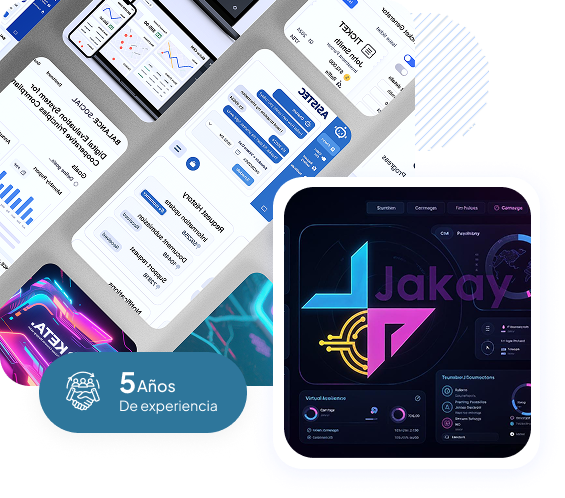 Mobile app interface design with the Jakay logo, data charts, and 