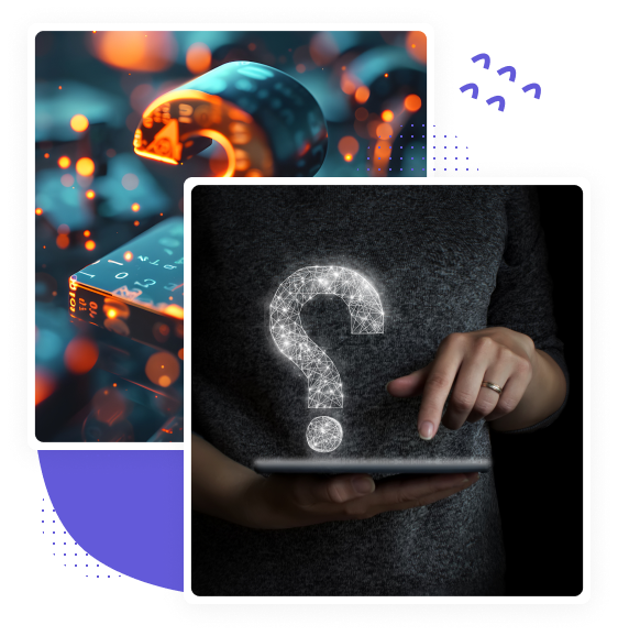 Person holding tablet with glowing question mark; keyboard in the background.