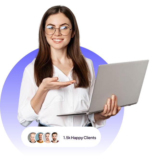 Woman with glasses holding a laptop, pointing, smiling, purple gradient background, with client icons.