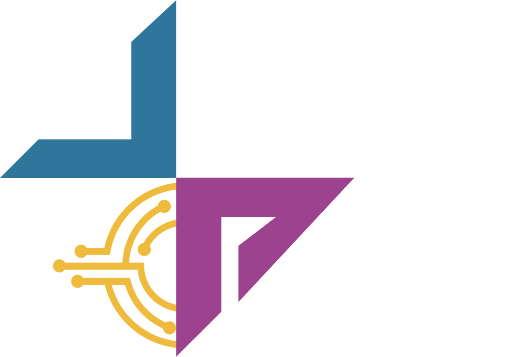 Logo with teal, gold, purple geometric shapes.