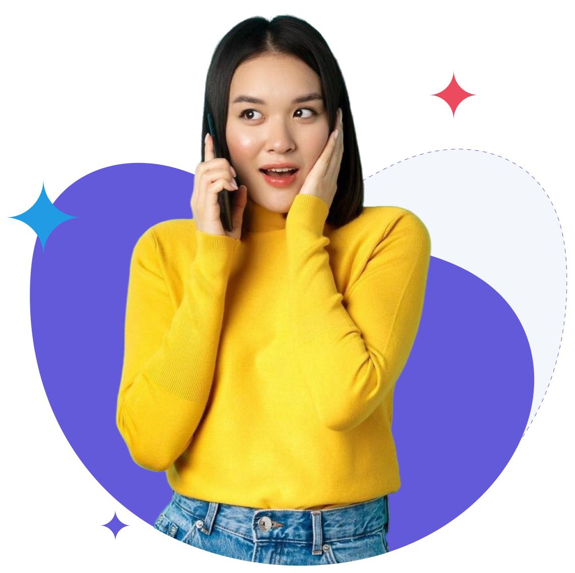 Woman with a surprised expression on the phone, wearing a yellow sweater, in front of a blue shape.