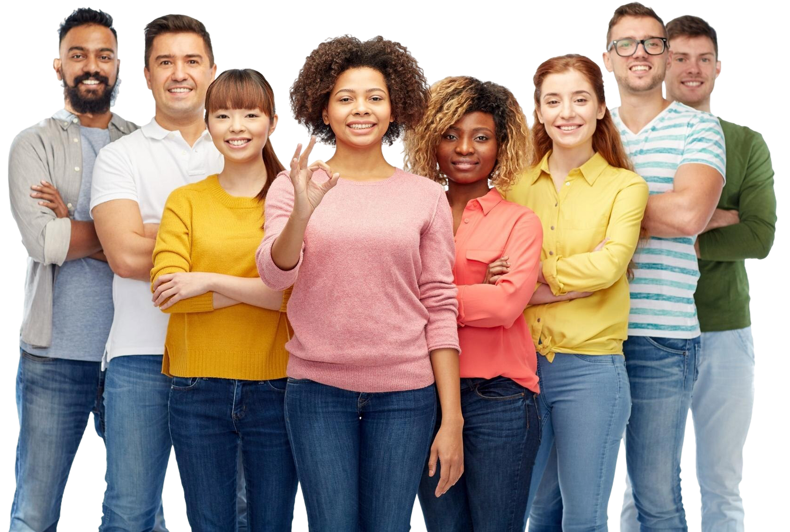 Group of diverse people smiling, one woman making an
