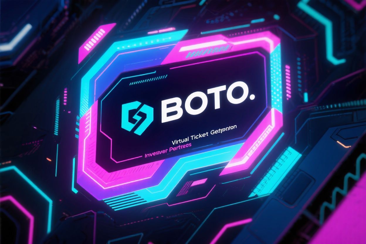 Glowing neon logo for BOTO, a Visual AI Text-to-NFT service, set against a futuristic, digital background.