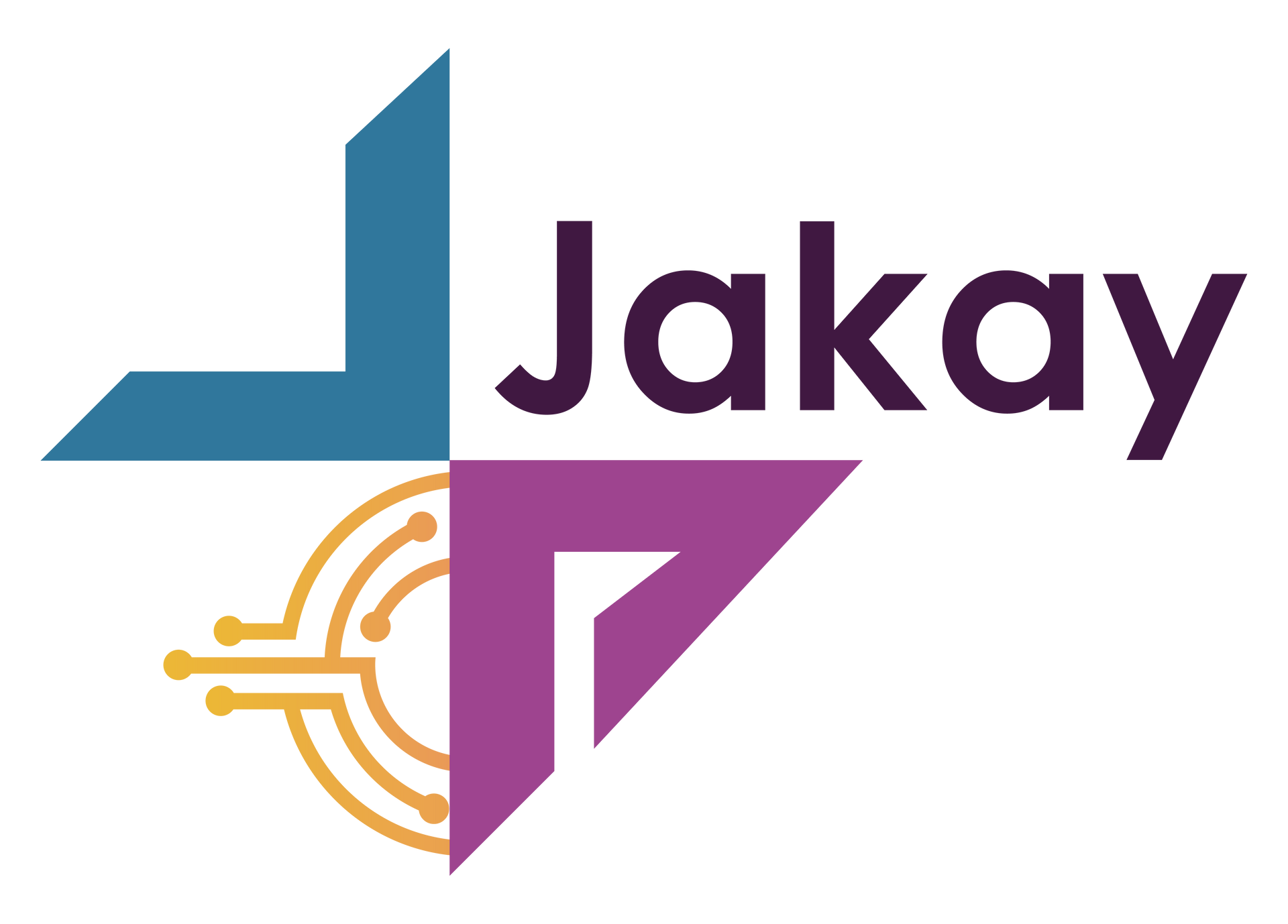 Logo for Jakay, featuring a blue and purple geometric shape with a circuit design and the text 